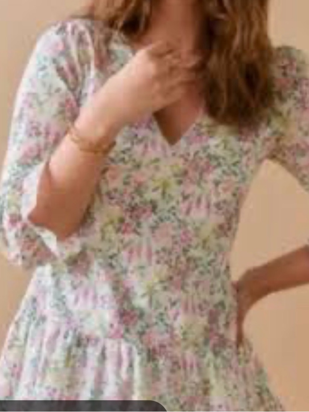 miami Pastel Floral V-Neck Tiered Long Sleeve Dress in Pink and Green